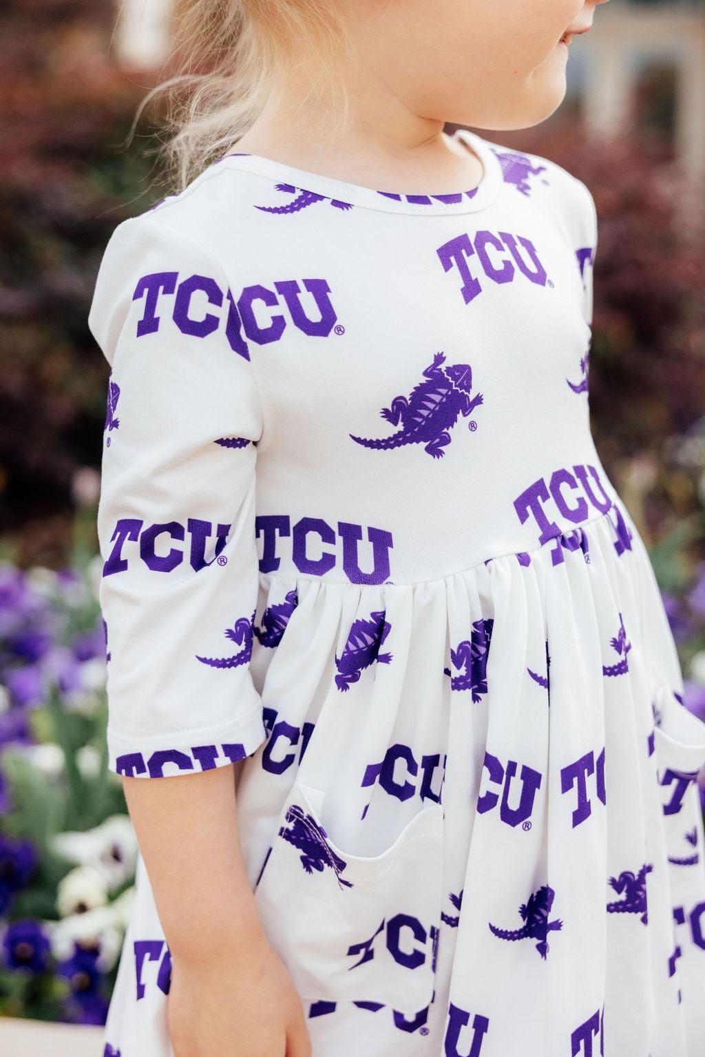 TCU White Frog 3/4 Sleeve Pocket Twirl Dress - Aaria Tees