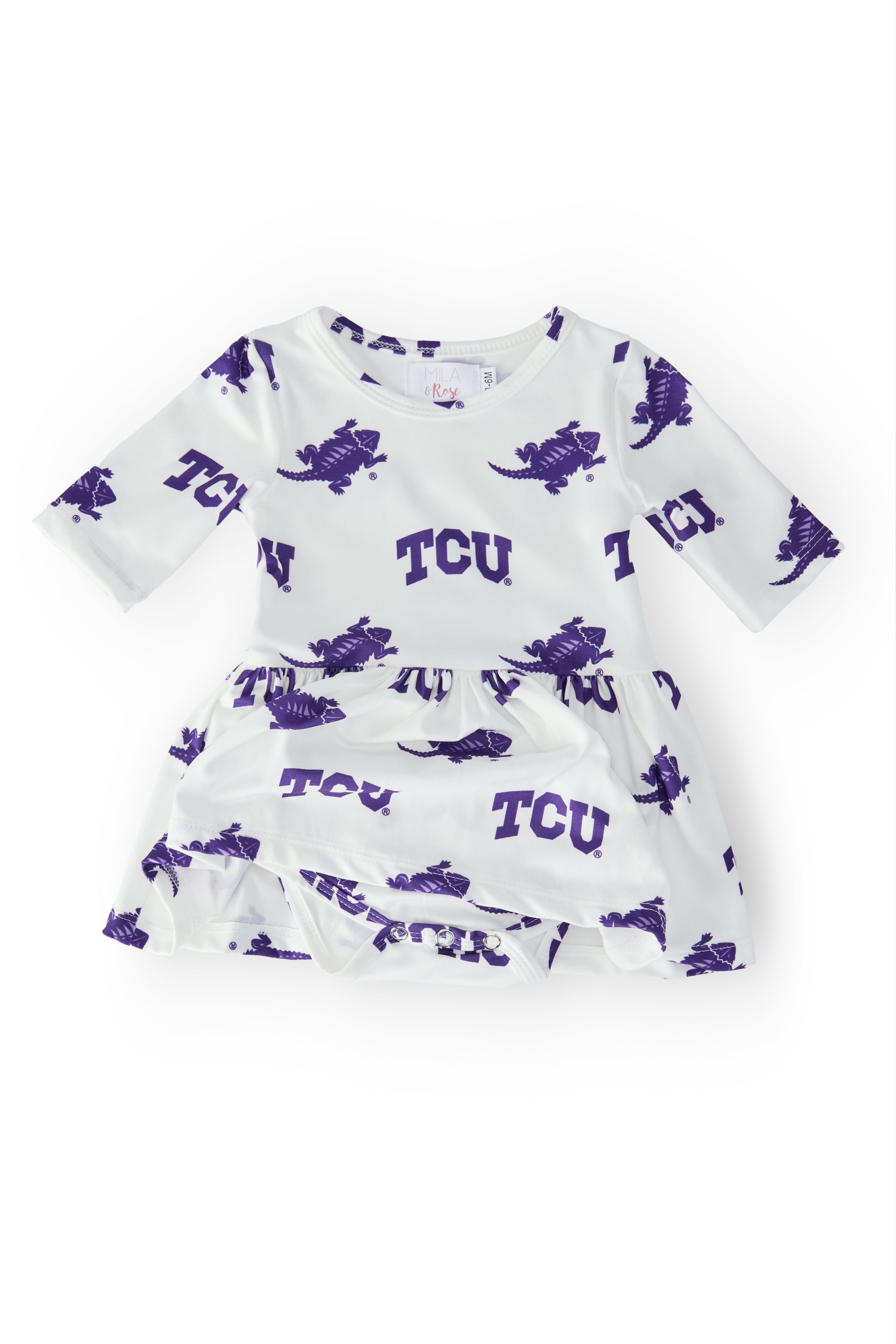 TCU White Frog 3/4 Sleeve Twirl Bodysuit - Aaria Tees Aaria Tees