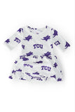 TCU White Frog 3/4 Sleeve Twirl Bodysuit - Aaria Tees Aaria Tees