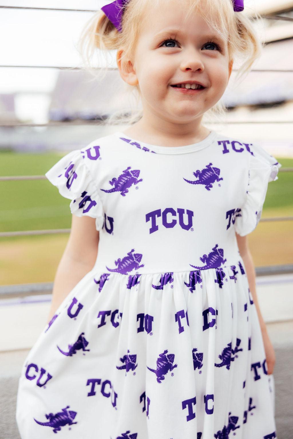 TCU White Frog Flutter Twirl Dress - Aaria Tees Aaria Tees