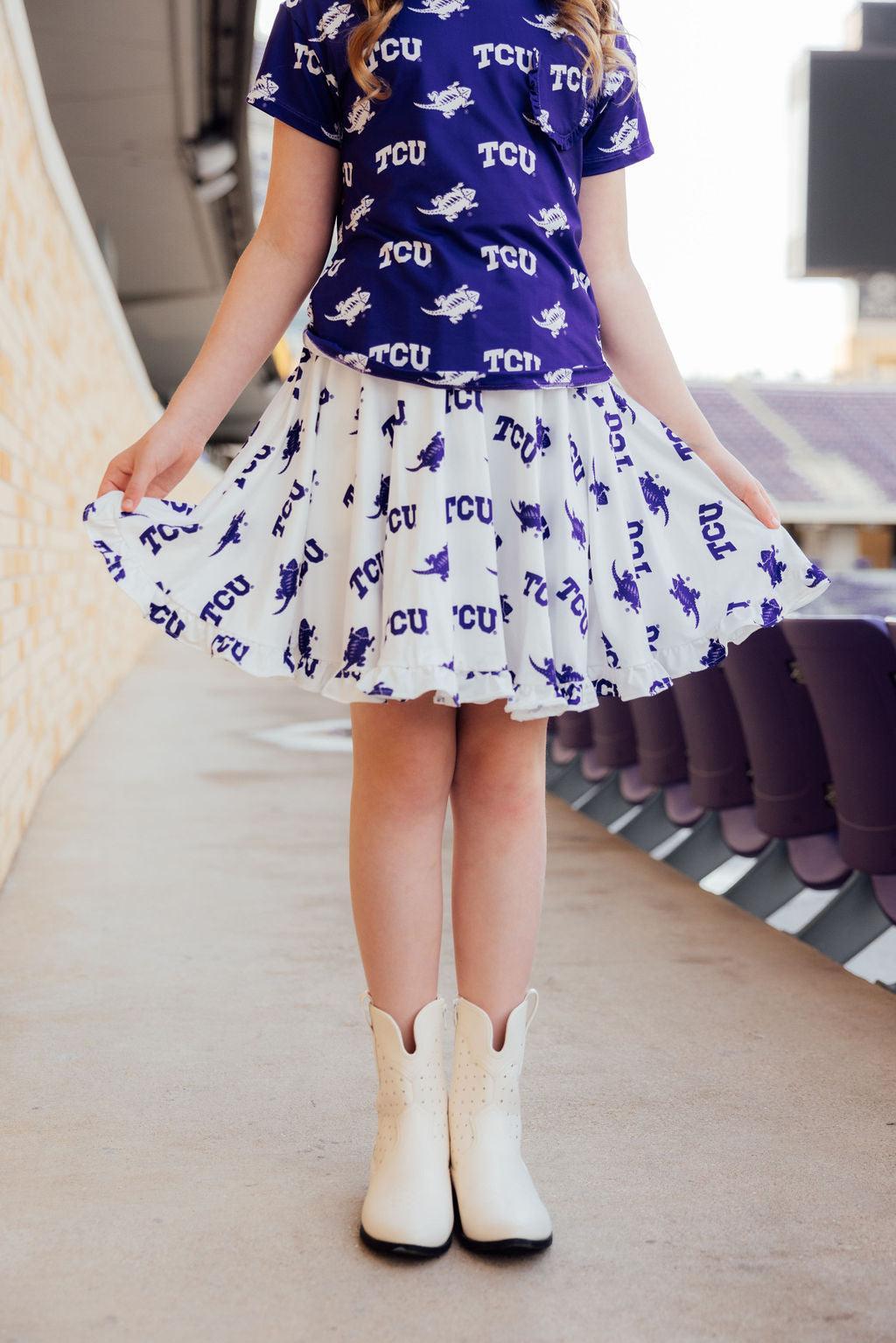 TCU White Frog Ruffle Twirl Skort - Aaria Tees Aaria Tees