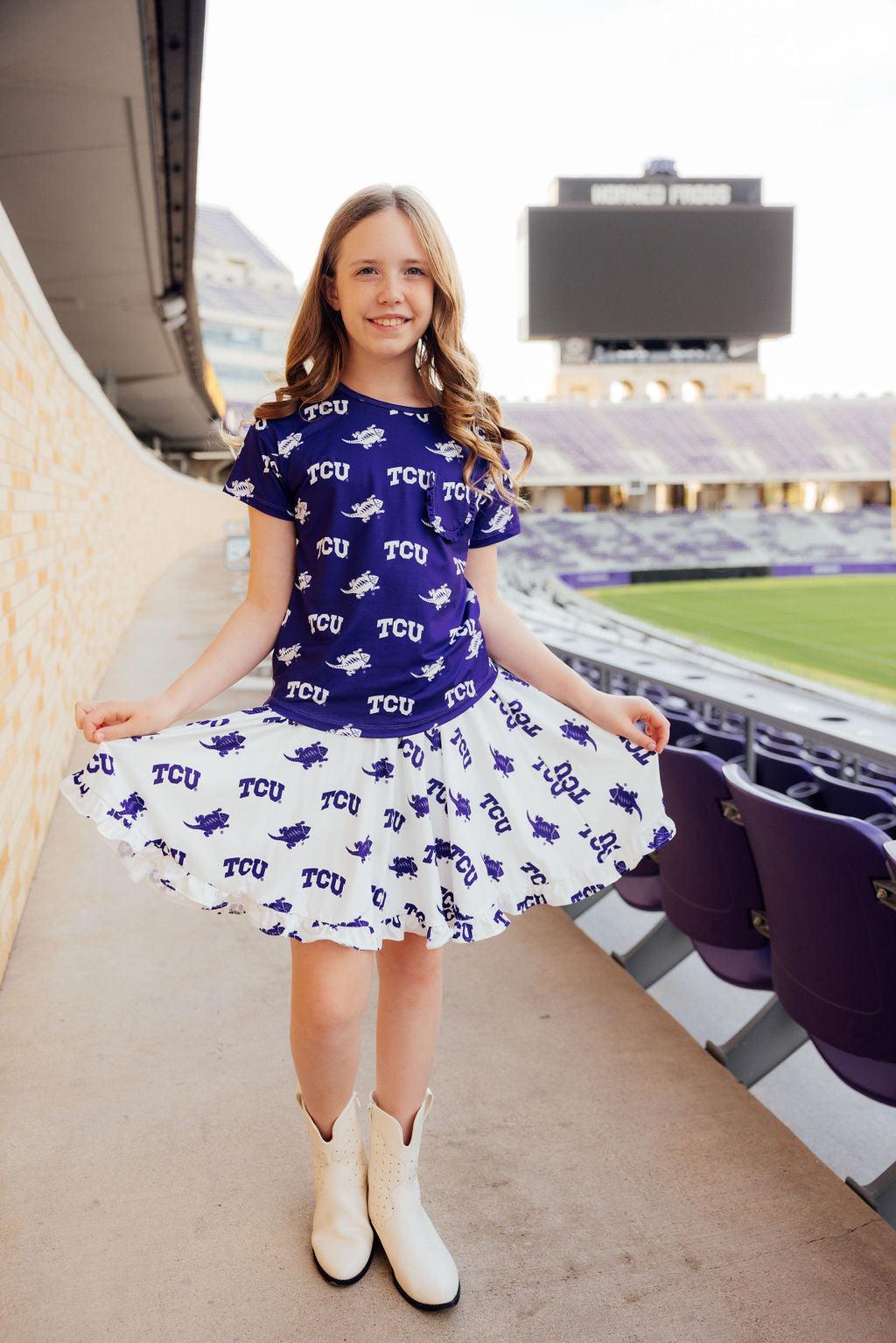 TCU White Frog Ruffle Twirl Skort - Aaria Tees Aaria Tees