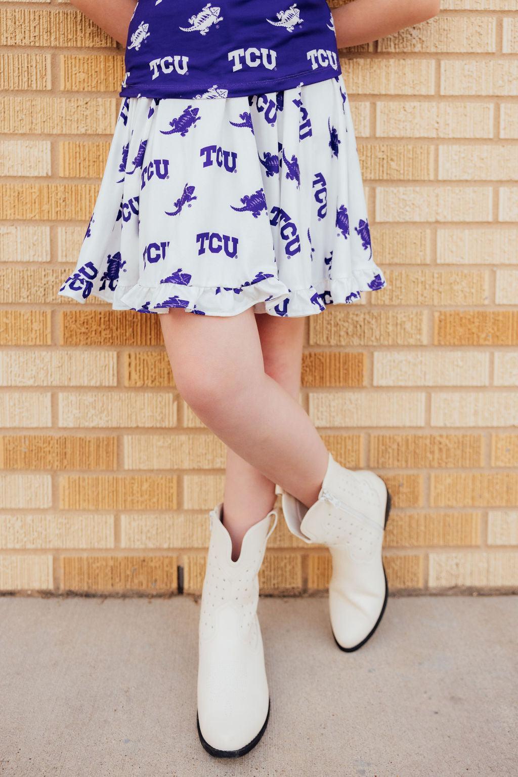 TCU White Frog Ruffle Twirl Skort - Aaria Tees Aaria Tees