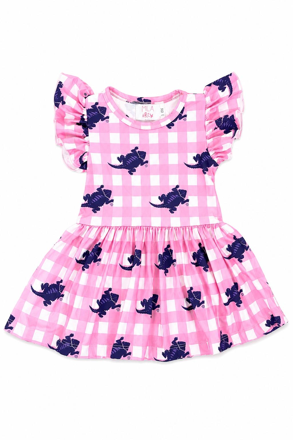 TCU Pink Gingham Frog S/S Flutter Twirl Bodysuit - Aaria Tees Aaria Tees