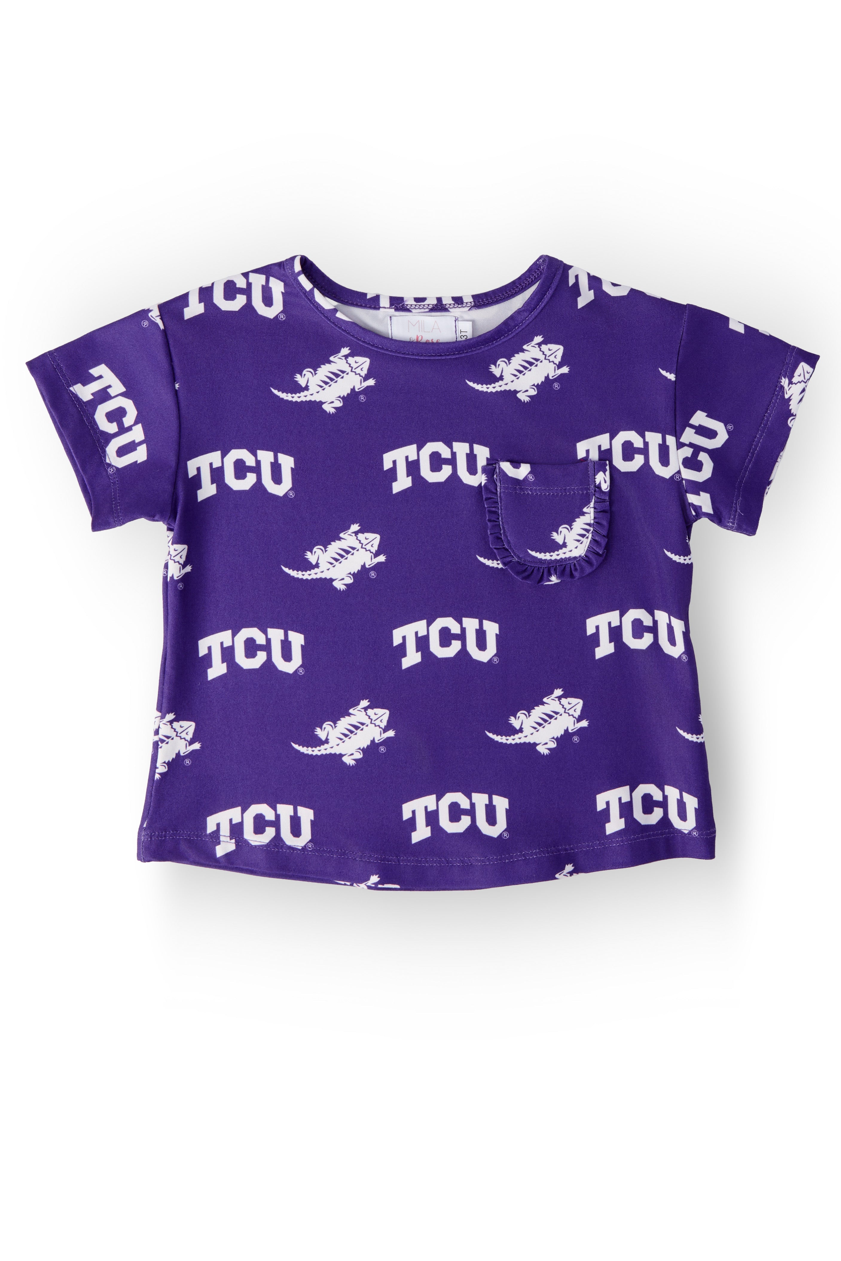 TCU Purple Frog Ruffle Pocket Tee - Aaria Tees Aaria Tees