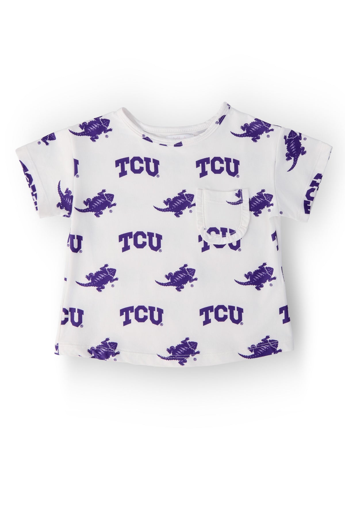 TCU White Frog Ruffle Pocket Tee - Aaria Tees