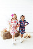 Tangerine Leaves 3/4 Sleeve Ruffle Twirl Dress - Aaria Tees Aaria Tees