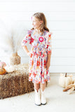 Tangerine Leaves 3/4 Sleeve Ruffle Twirl Dress - Aaria Tees Aaria Tees