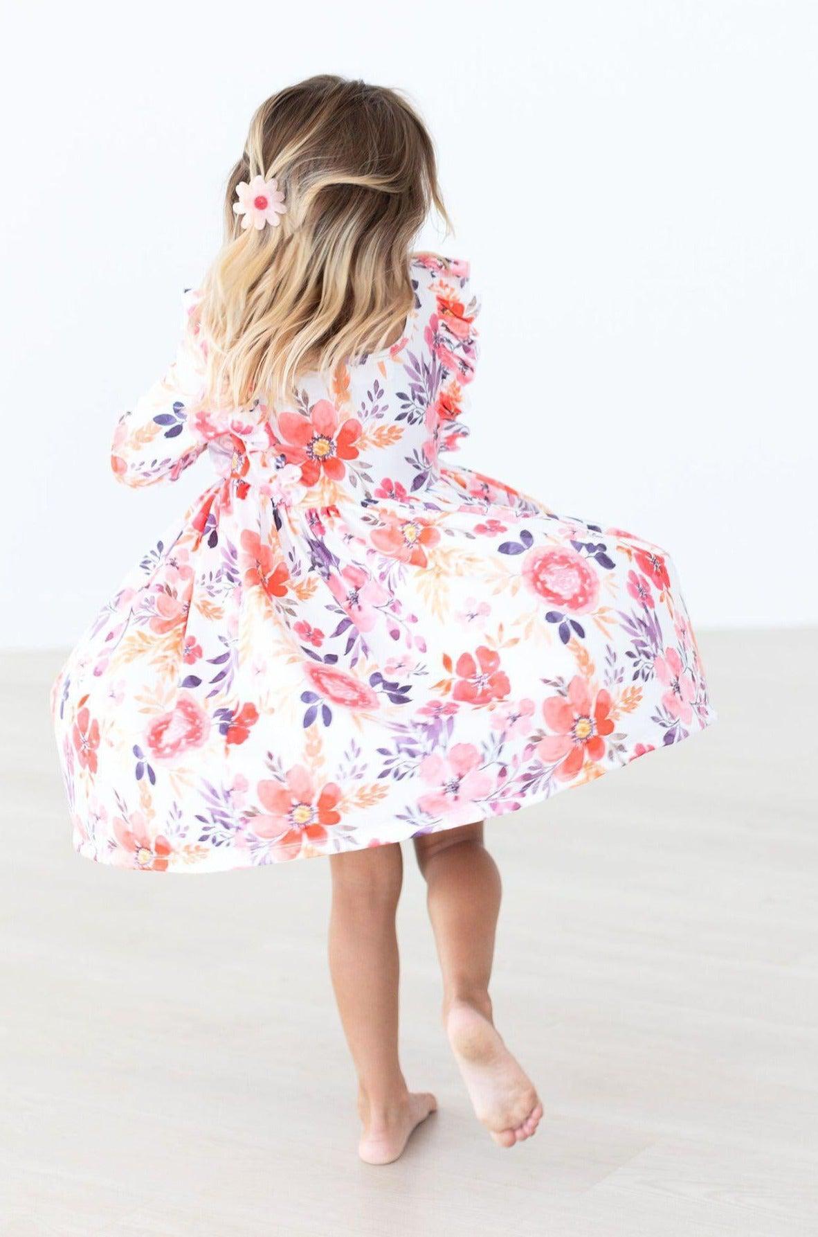 Tangerine Leaves 3/4 Sleeve Ruffle Twirl Dress - Aaria Tees Aaria Tees