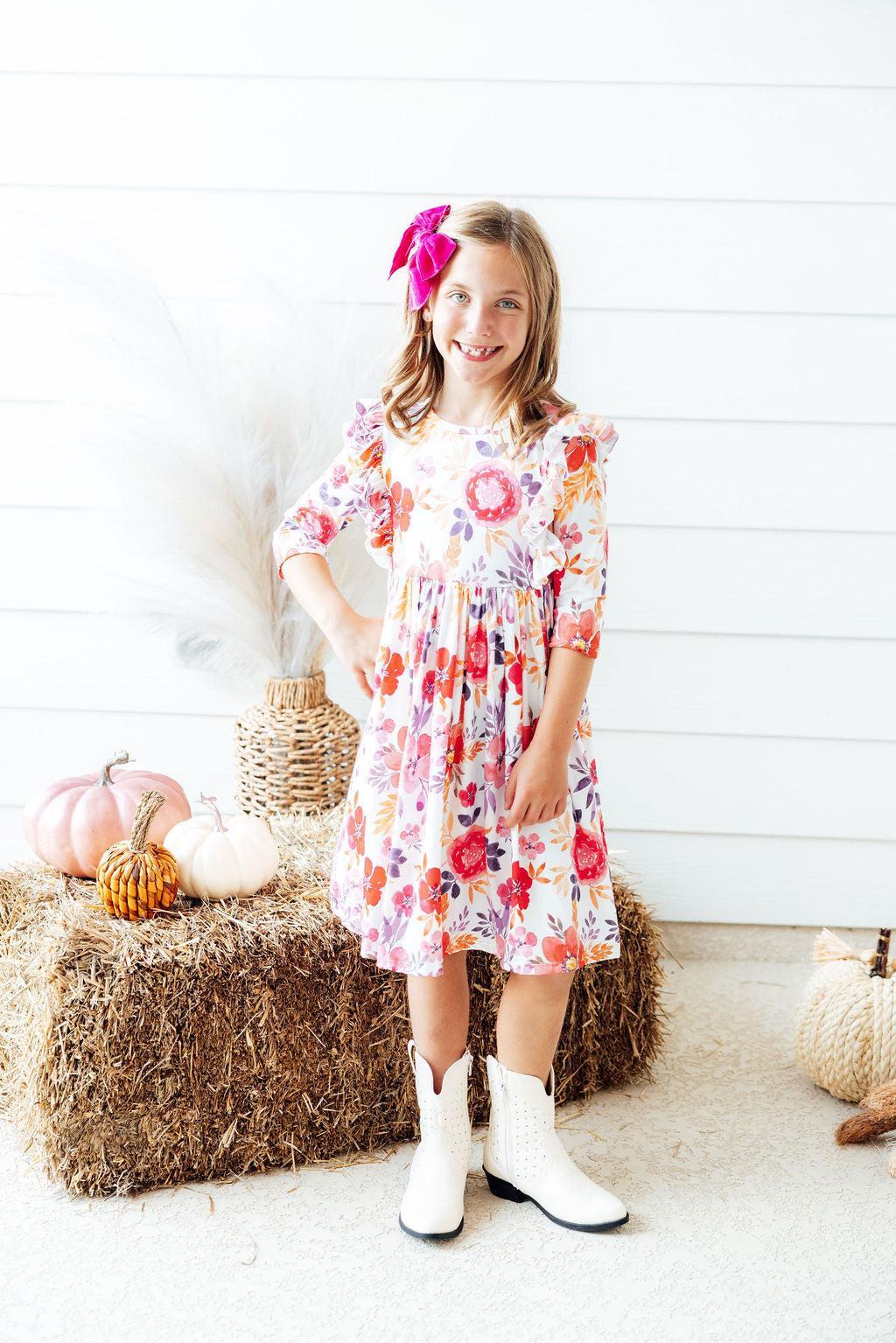 Tangerine Leaves 3/4 Sleeve Ruffle Twirl Dress - Aaria Tees