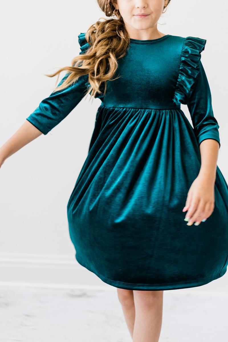 Teal Velvet Ruffle Twirl Dress - Aaria Tees