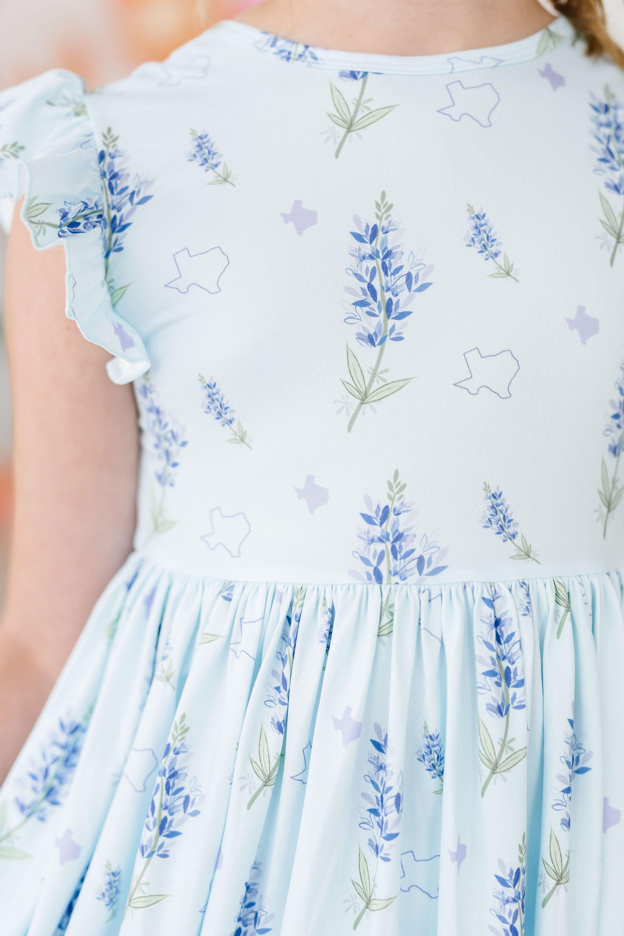 Texas Bluebonnets Flutter Sleeve Twirl Dress - Aaria Tees Aaria Tees