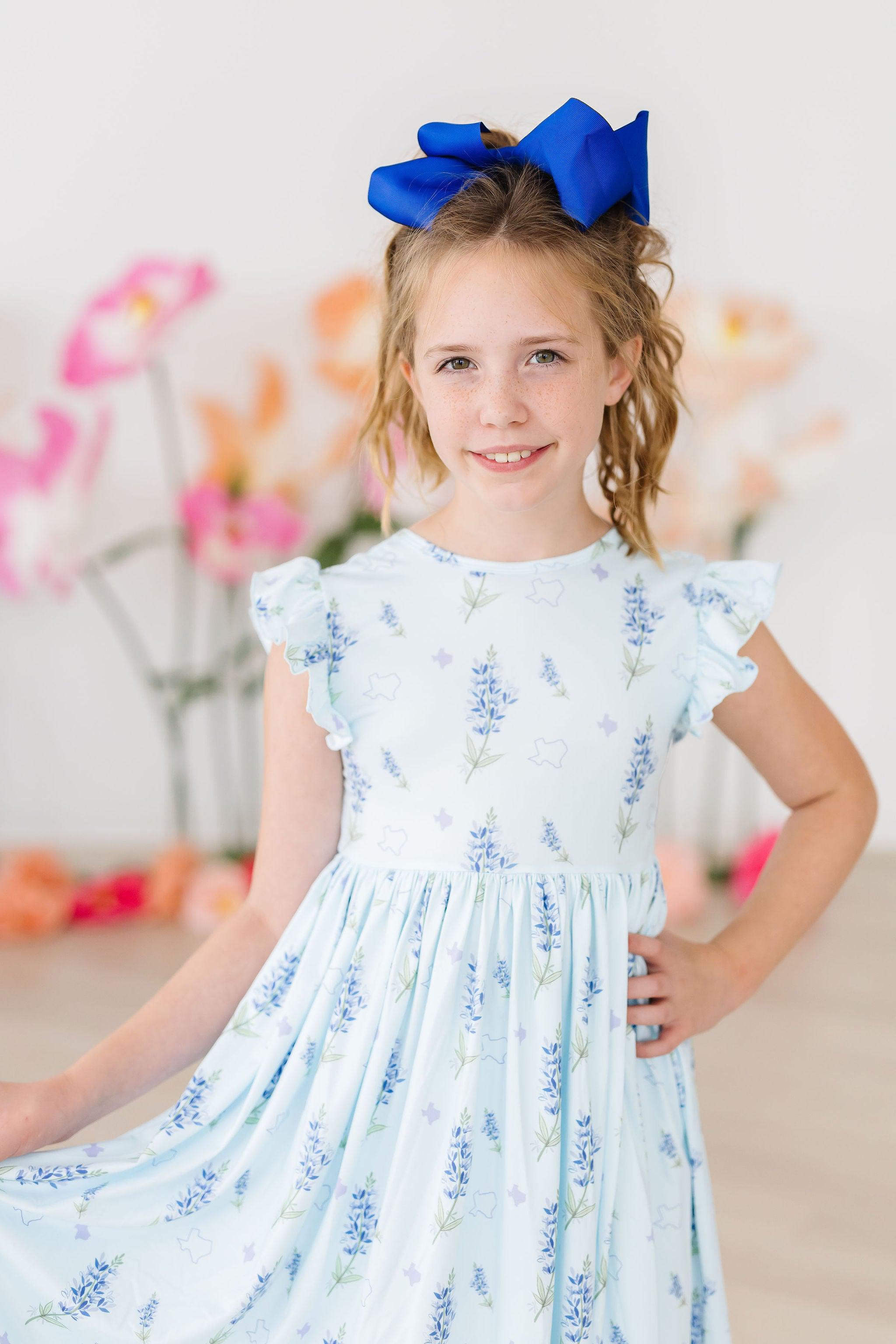Texas Bluebonnets Flutter Sleeve Twirl Dress - Aaria Tees Aaria Tees