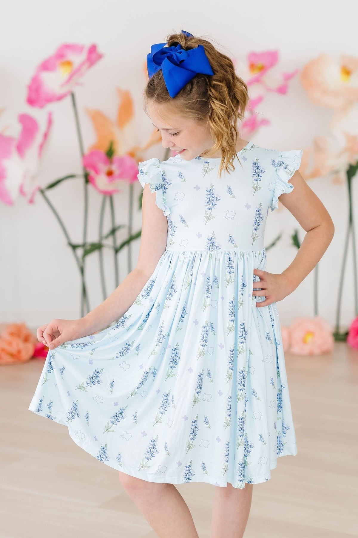 Texas Bluebonnets Flutter Sleeve Twirl Dress - Aaria Tees