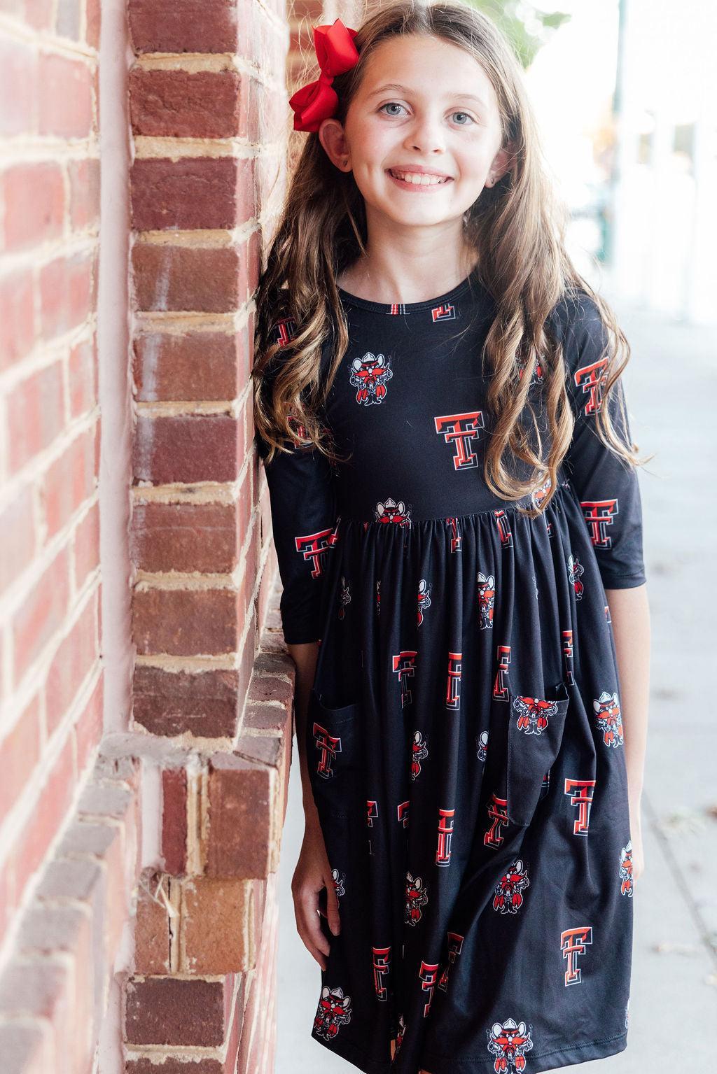 Texas Tech Black Raider Red 3/4 Sleeve Pocket Twirl Dress - Aaria Tees Aaria Tees