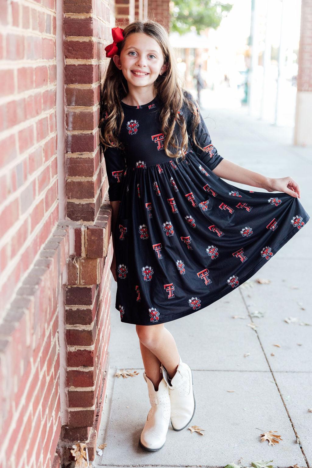 Texas Tech Black Raider Red 3/4 Sleeve Pocket Twirl Dress - Aaria Tees