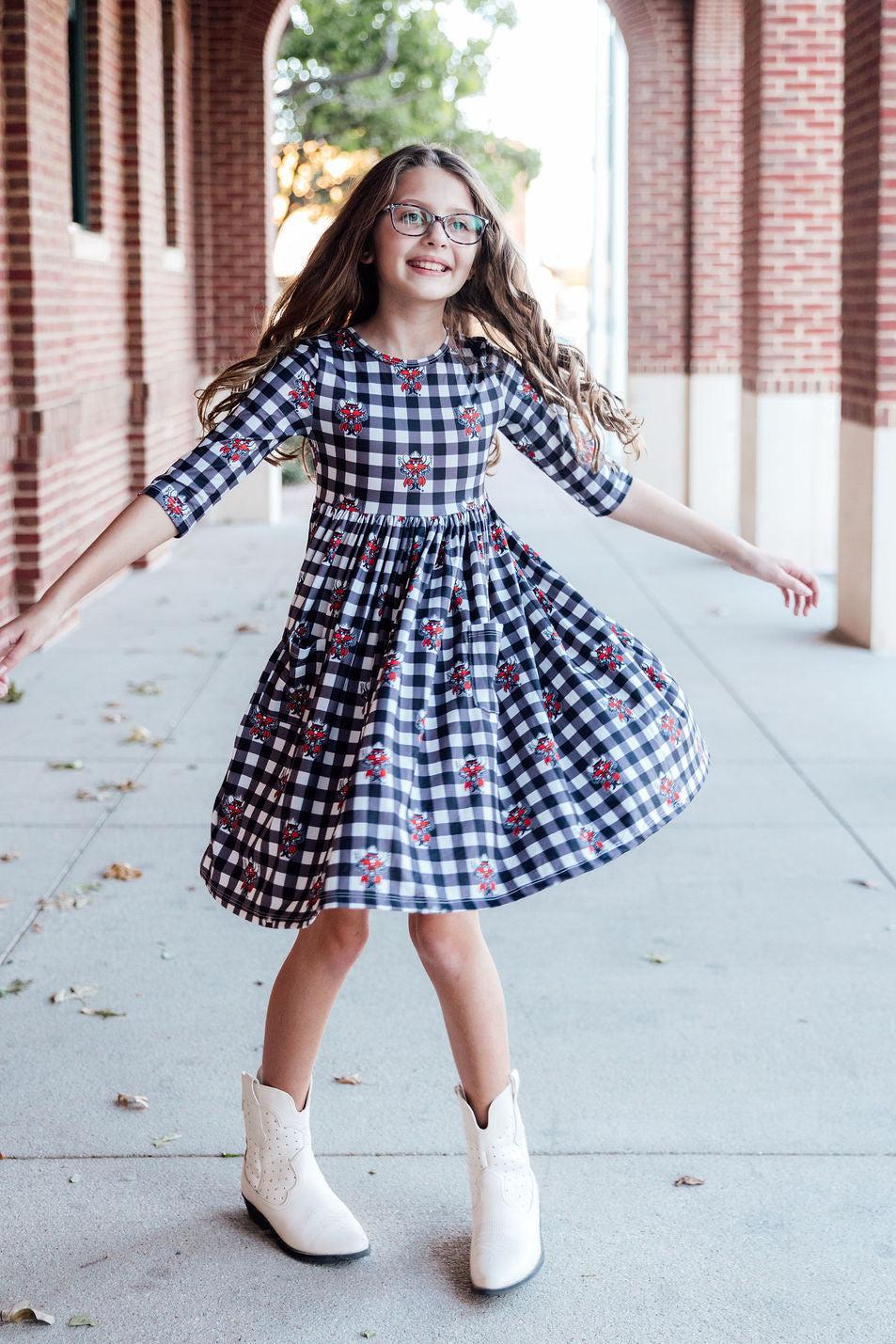 Texas Tech Plaid Raider Red 3/4 Sleeve Pocket Twirl Dress - Aaria Tees Aaria Tees
