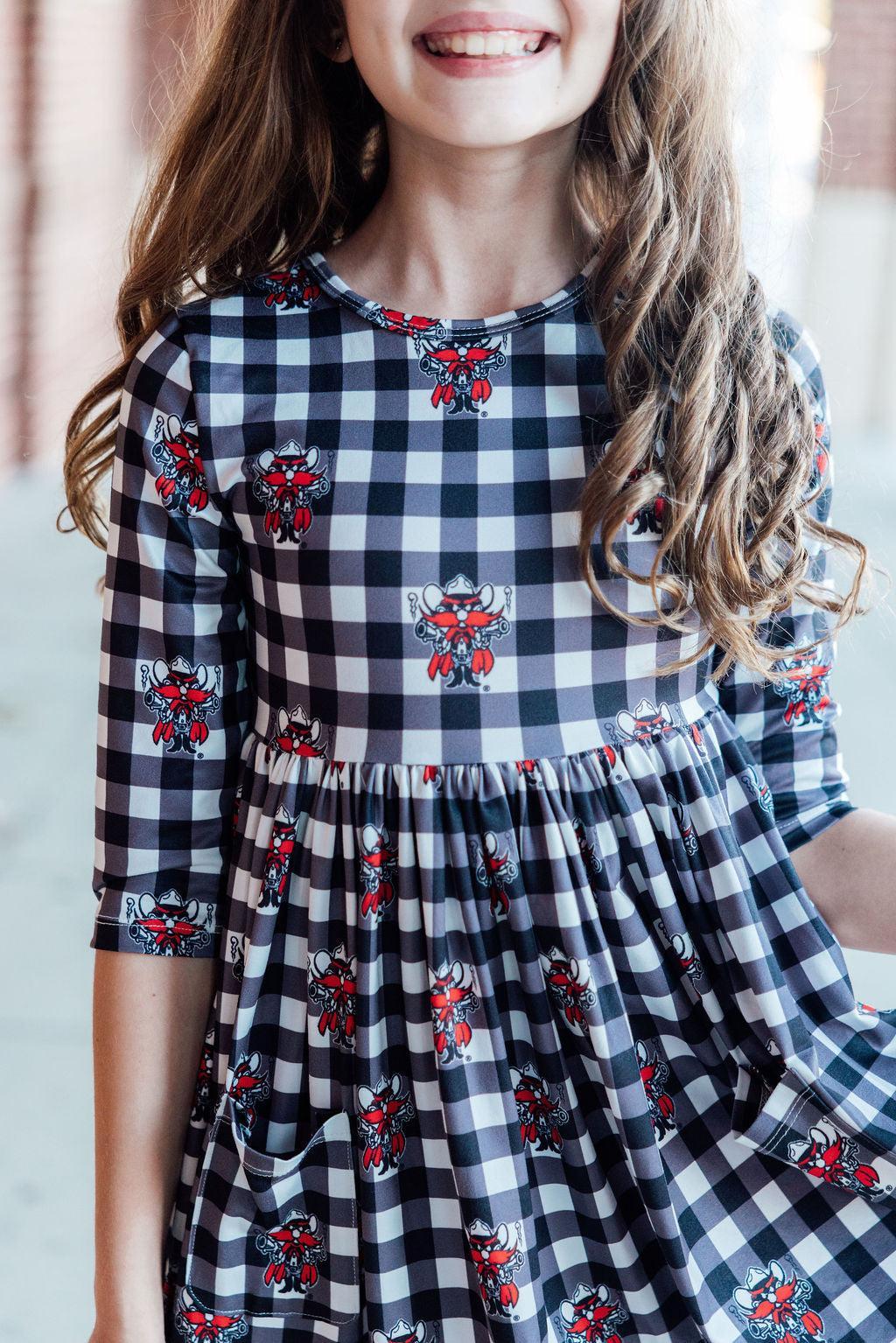 Texas Tech Plaid Raider Red 3/4 Sleeve Pocket Twirl Dress - Aaria Tees Aaria Tees