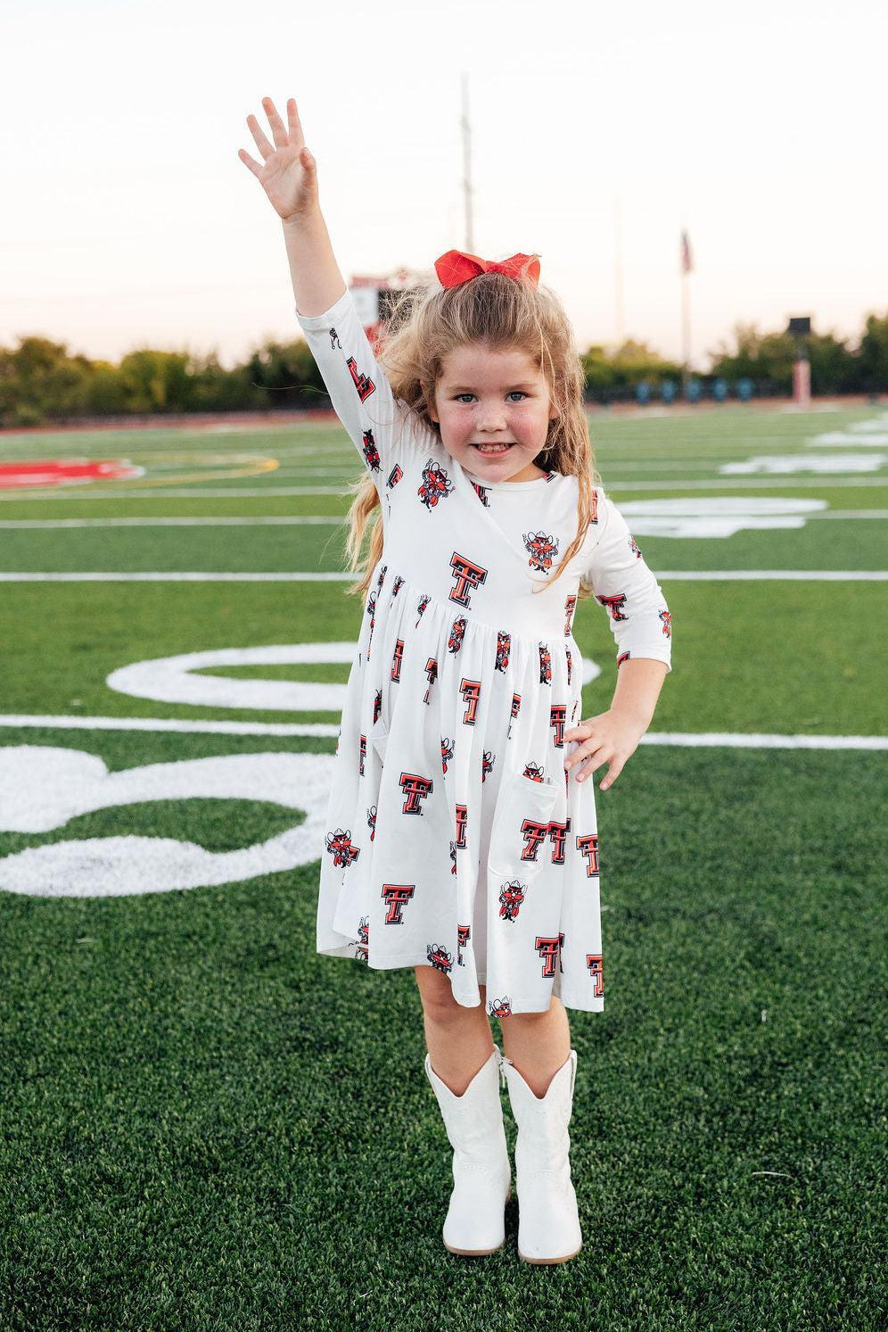 Texas Tech White Raider Red 3/4 Sleeve Pocket Twirl Dress - Aaria Tees Aaria Tees