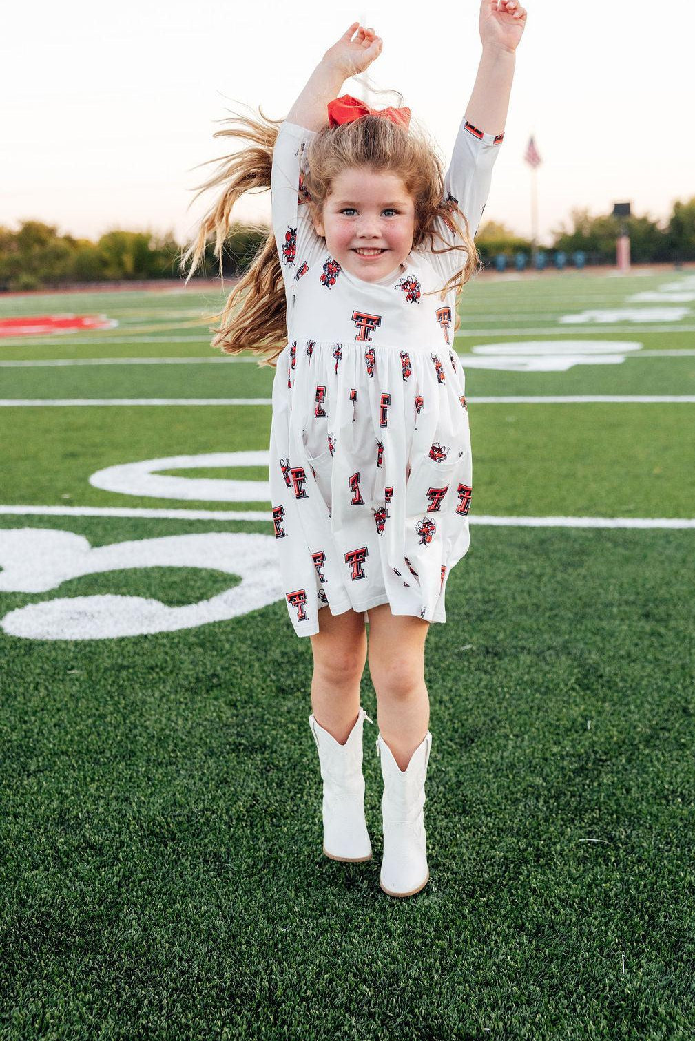 Texas Tech White Raider Red 3/4 Sleeve Pocket Twirl Dress - Aaria Tees Aaria Tees