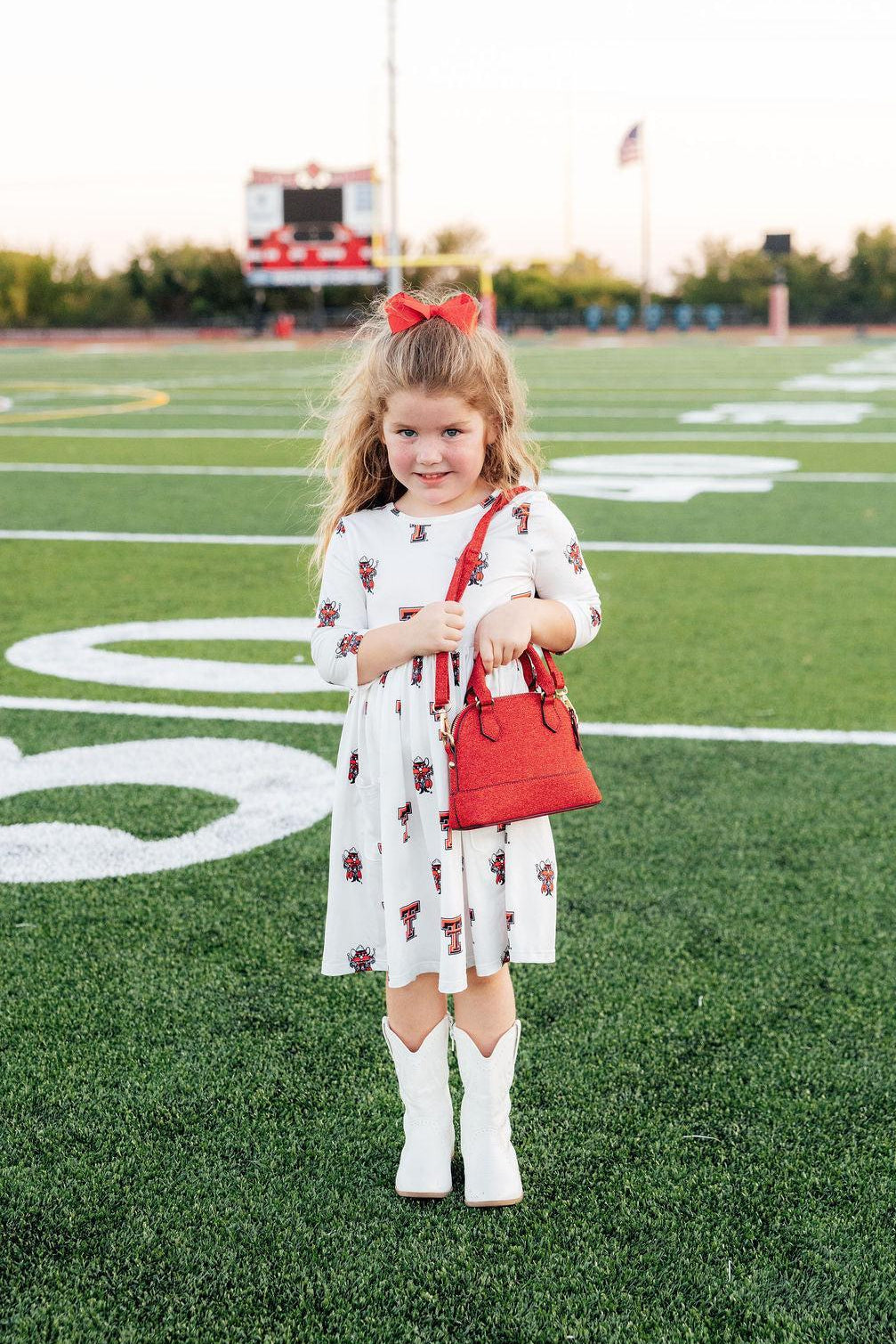 Texas Tech White Raider Red 3/4 Sleeve Pocket Twirl Dress - Aaria Tees Aaria Tees