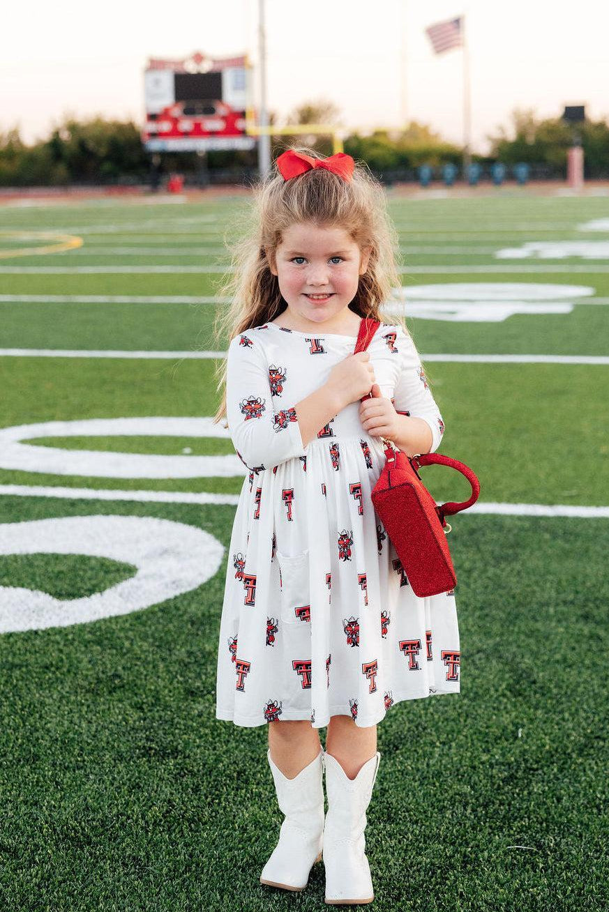 Texas Tech White Raider Red 3/4 Sleeve Pocket Twirl Dress - Aaria Tees Aaria Tees