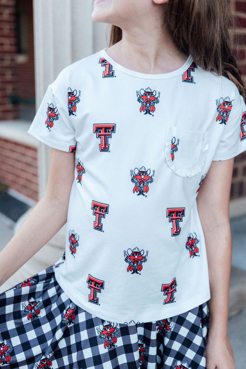 Texas Tech White Raider Red Ruffle Pocket Tee - Aaria Tees Aaria Tees