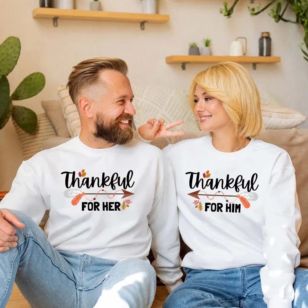 Thankful For Her/Him Valentines Couple Sweatshirt – Cute Matching Holiday Crew Neck - Aaria Tees Aaria Tees