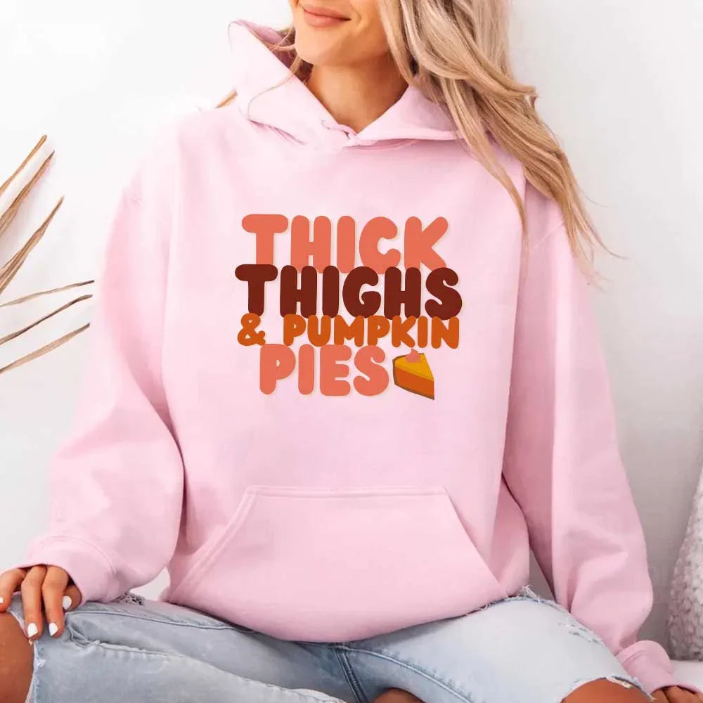 Thick Thighs and Pumpkin Pies Fall Vibes Fleece Pullover Hoodie - Aaria Tees Aaria Tees