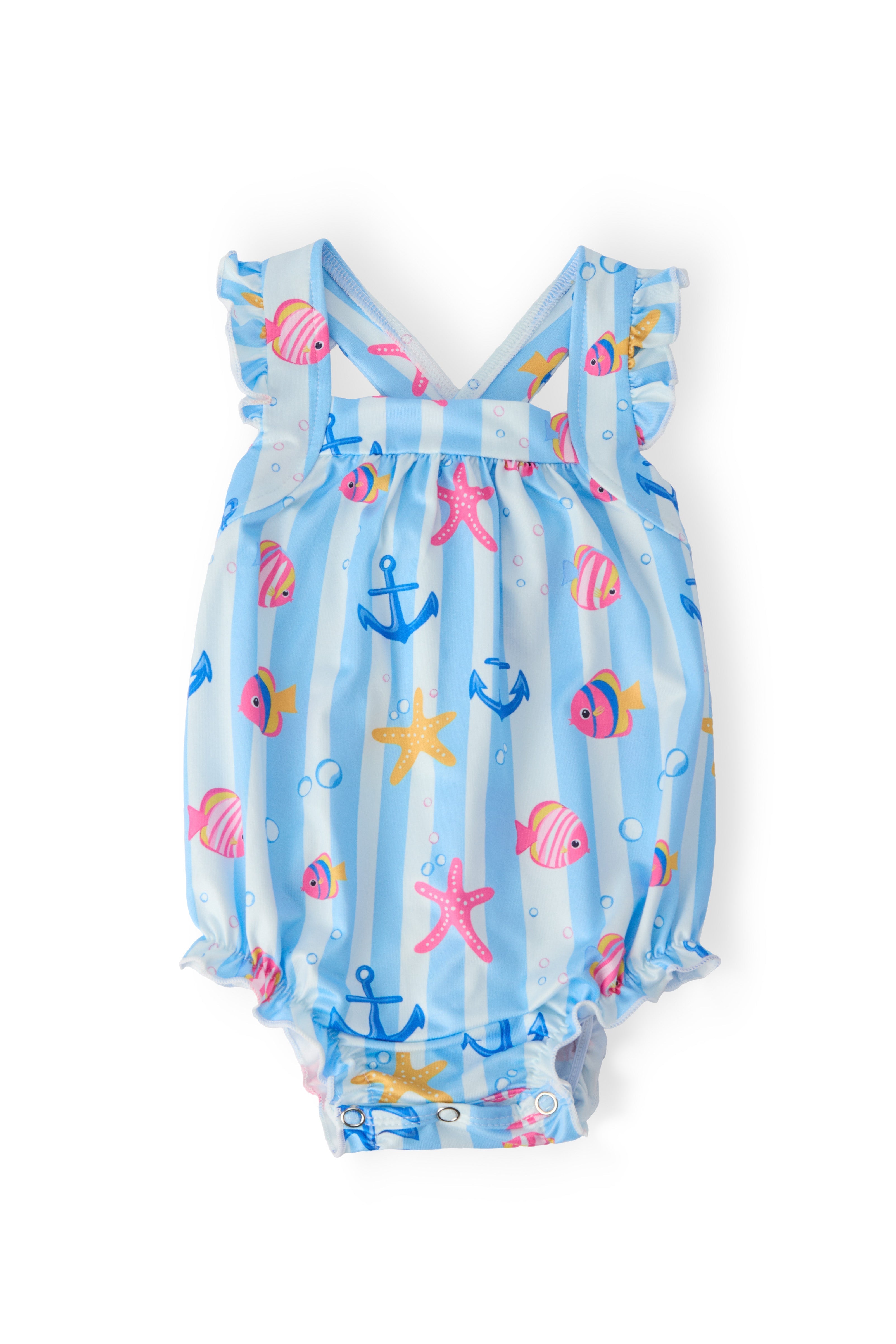 Tidepool Treasures Ruffle Cross Back Romper - Aaria Tees Aaria Tees