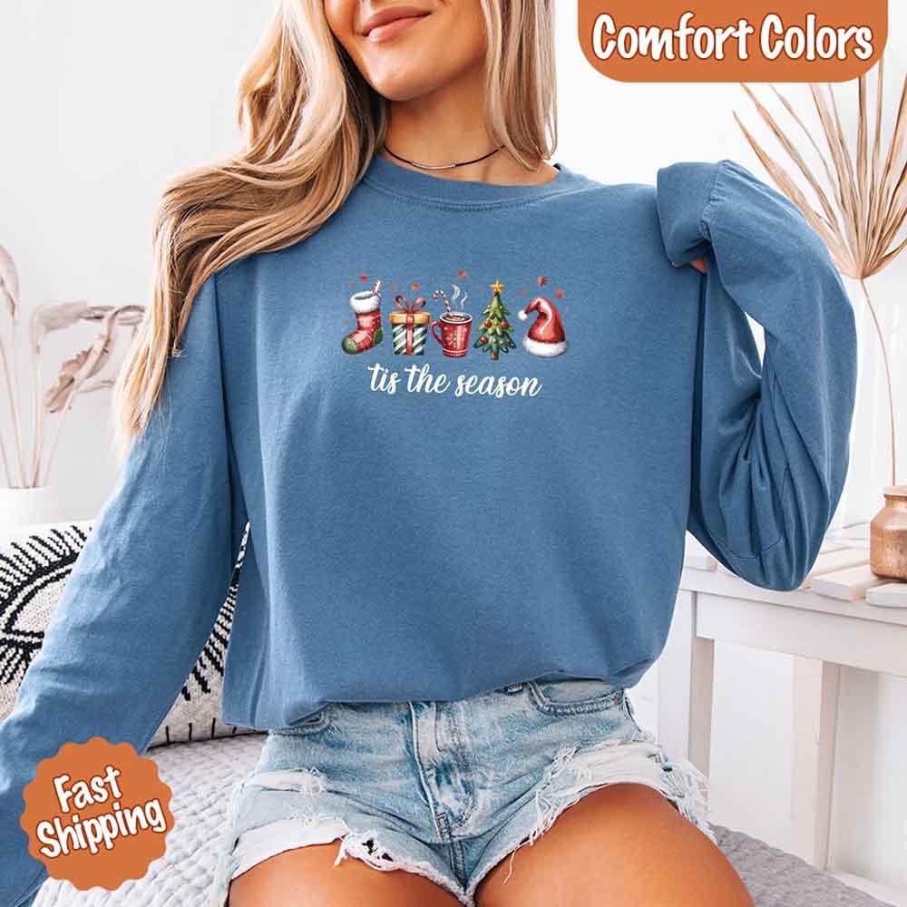 Tis The Season Comfort Colors Long Sleeve Christmas Shirt - Aaria Tees Aaria Tees