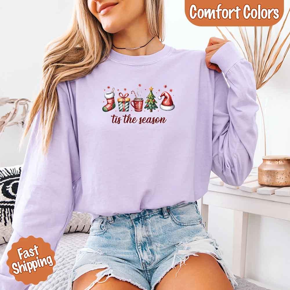 Tis The Season Comfort Colors Long Sleeve Christmas Shirt - Aaria Tees Aaria Tees
