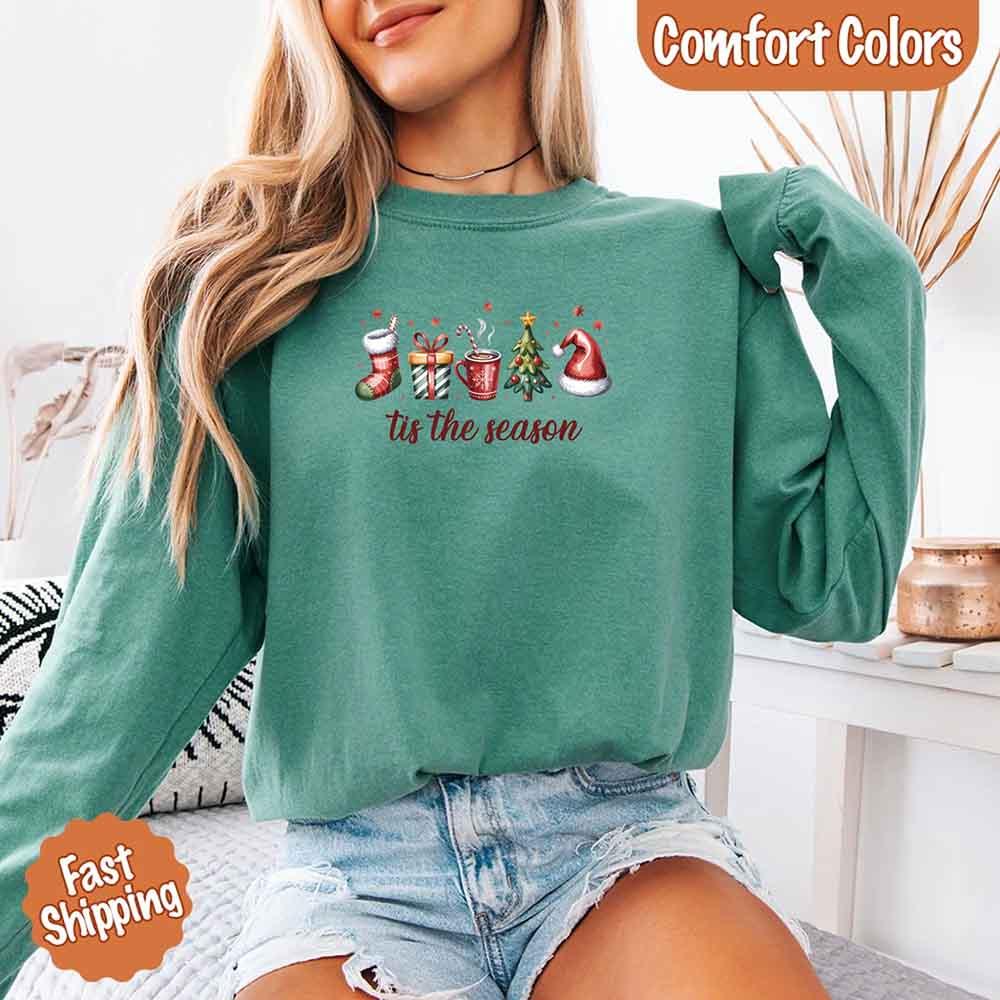 Tis The Season Comfort Colors Long Sleeve Christmas Shirt - Aaria Tees Aaria Tees