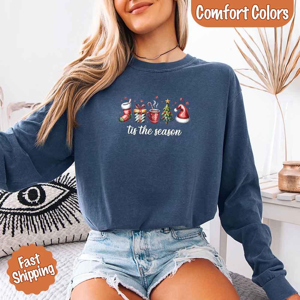 Tis The Season Comfort Colors Long Sleeve Christmas Shirt - Aaria Tees Aaria Tees