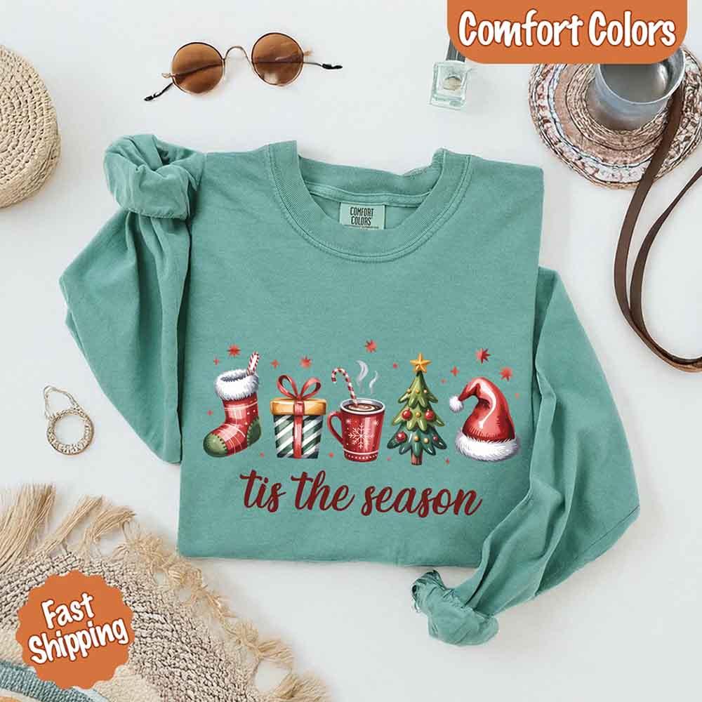 Tis The Season Comfort Colors Long Sleeve Christmas Shirt - Aaria Tees Aaria Tees