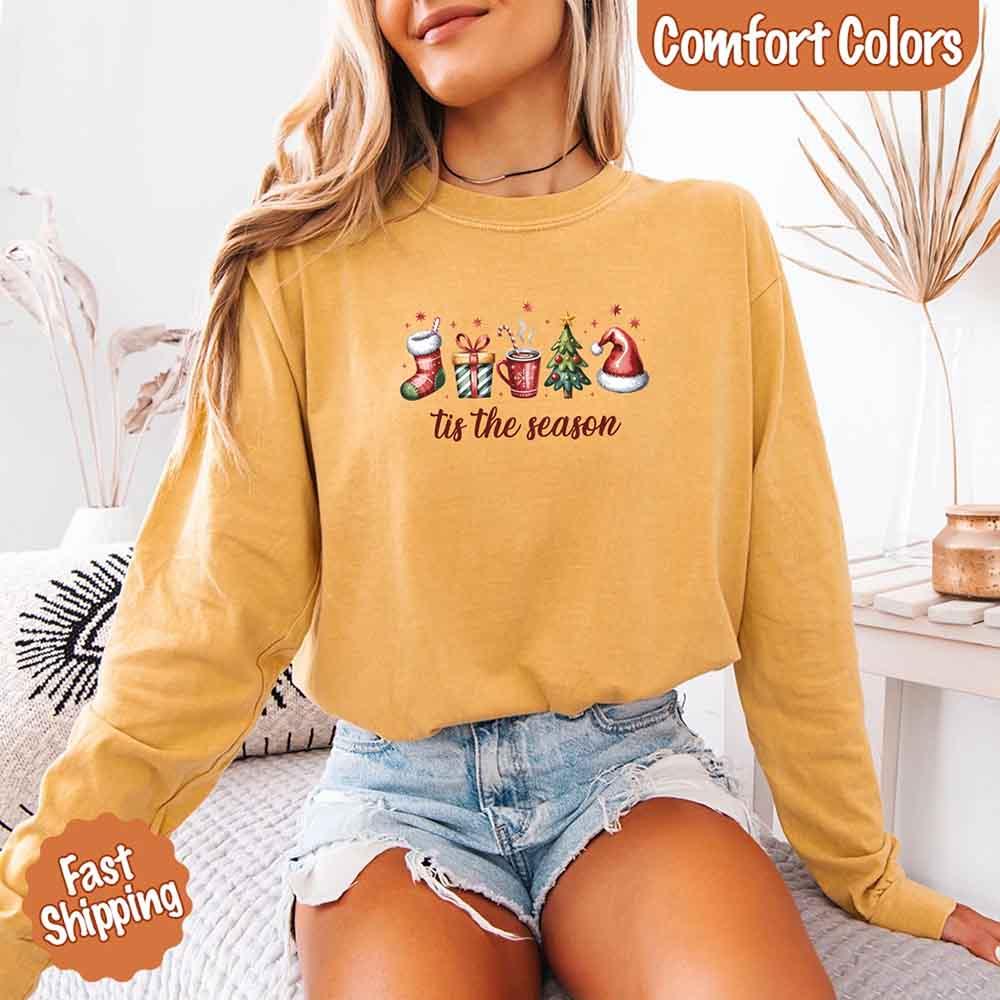 Tis The Season Comfort Colors Long Sleeve Christmas Shirt - Aaria Tees Aaria Tees