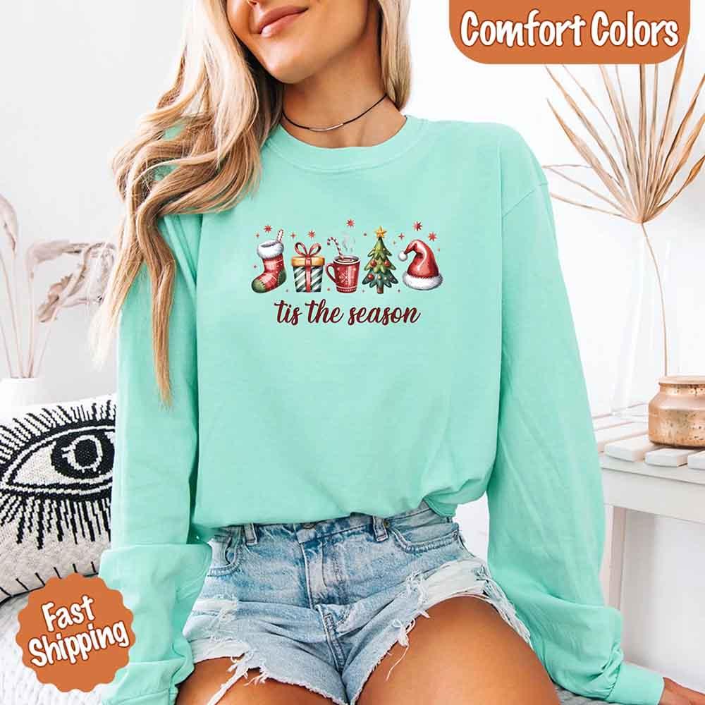 Tis The Season Comfort Colors Long Sleeve Christmas Shirt - Aaria Tees Aaria Tees