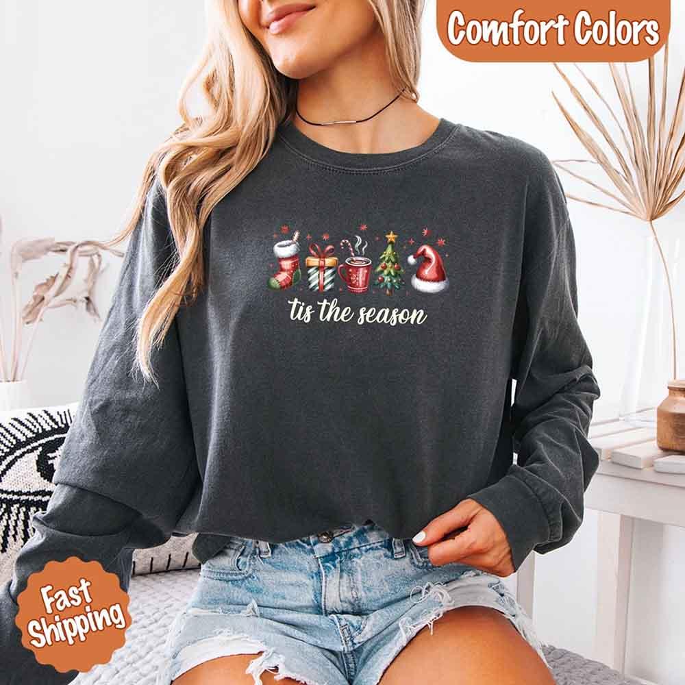 Tis The Season Comfort Colors Long Sleeve Christmas Shirt - Aaria Tees Aaria Tees