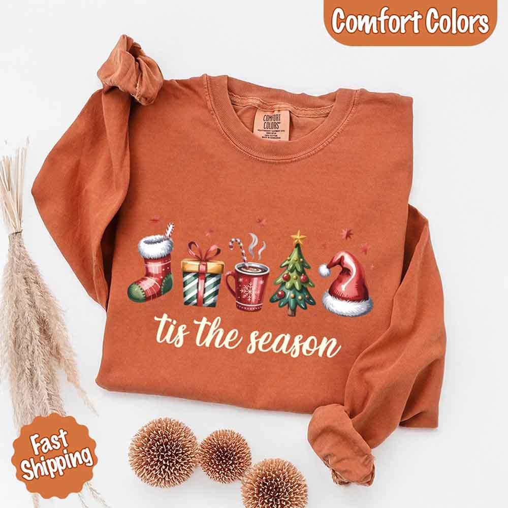 Tis The Season Comfort Colors Long Sleeve Christmas Shirt - Aaria Tees Aaria Tees