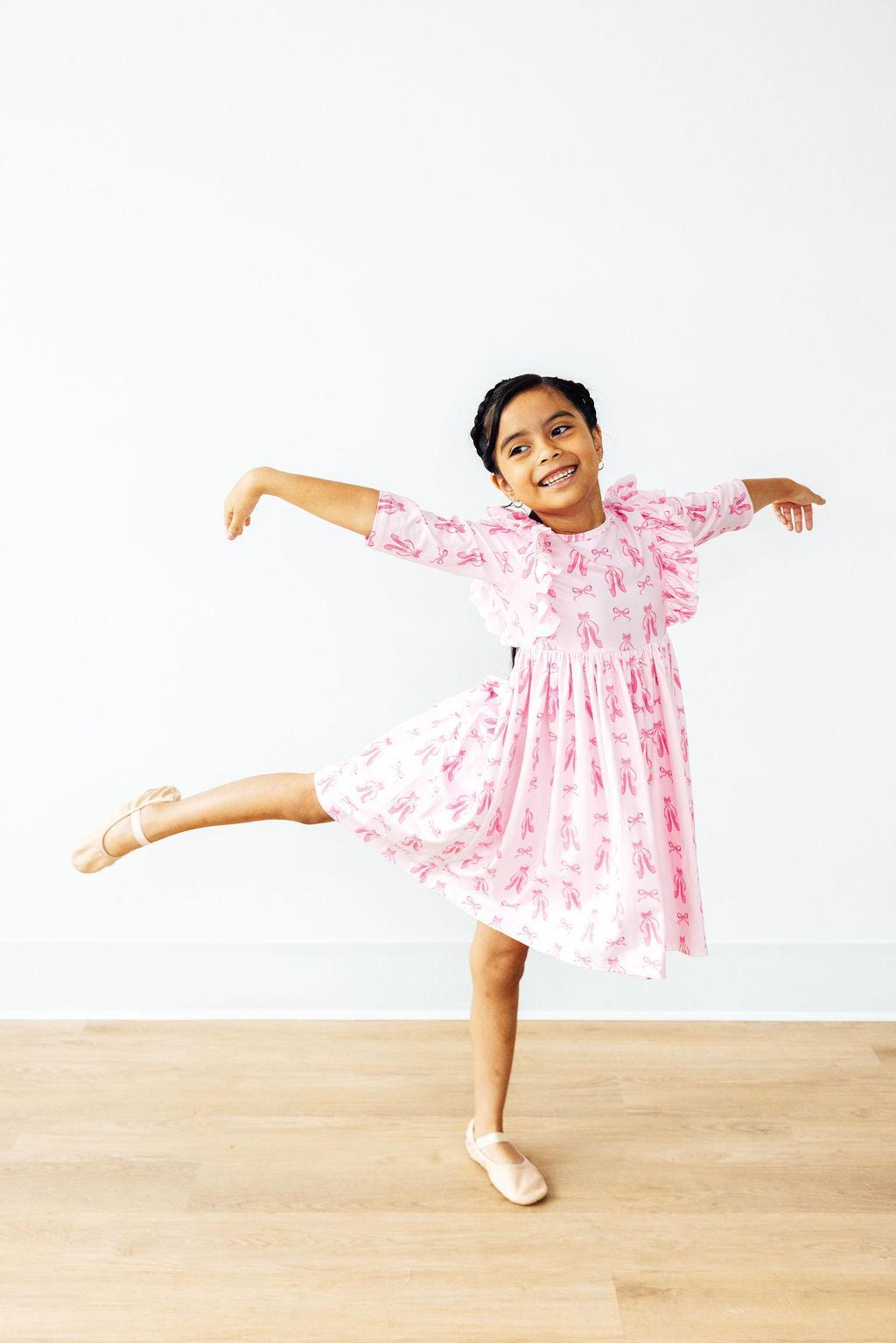 Twirling en Pointe 3/4 Sleeve Ruffle Twirl Dress - Aaria Tees Aaria Tees