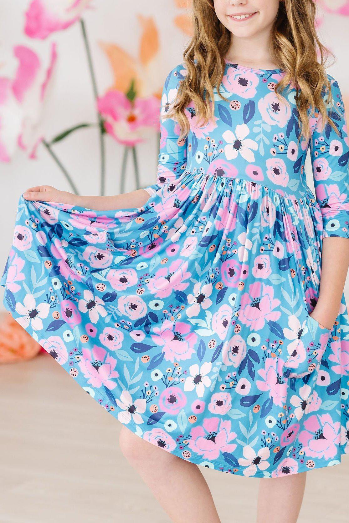 Twirling in Teal 3/4 Sleeve Pocket Twirl Dress - Aaria Tees Aaria Tees