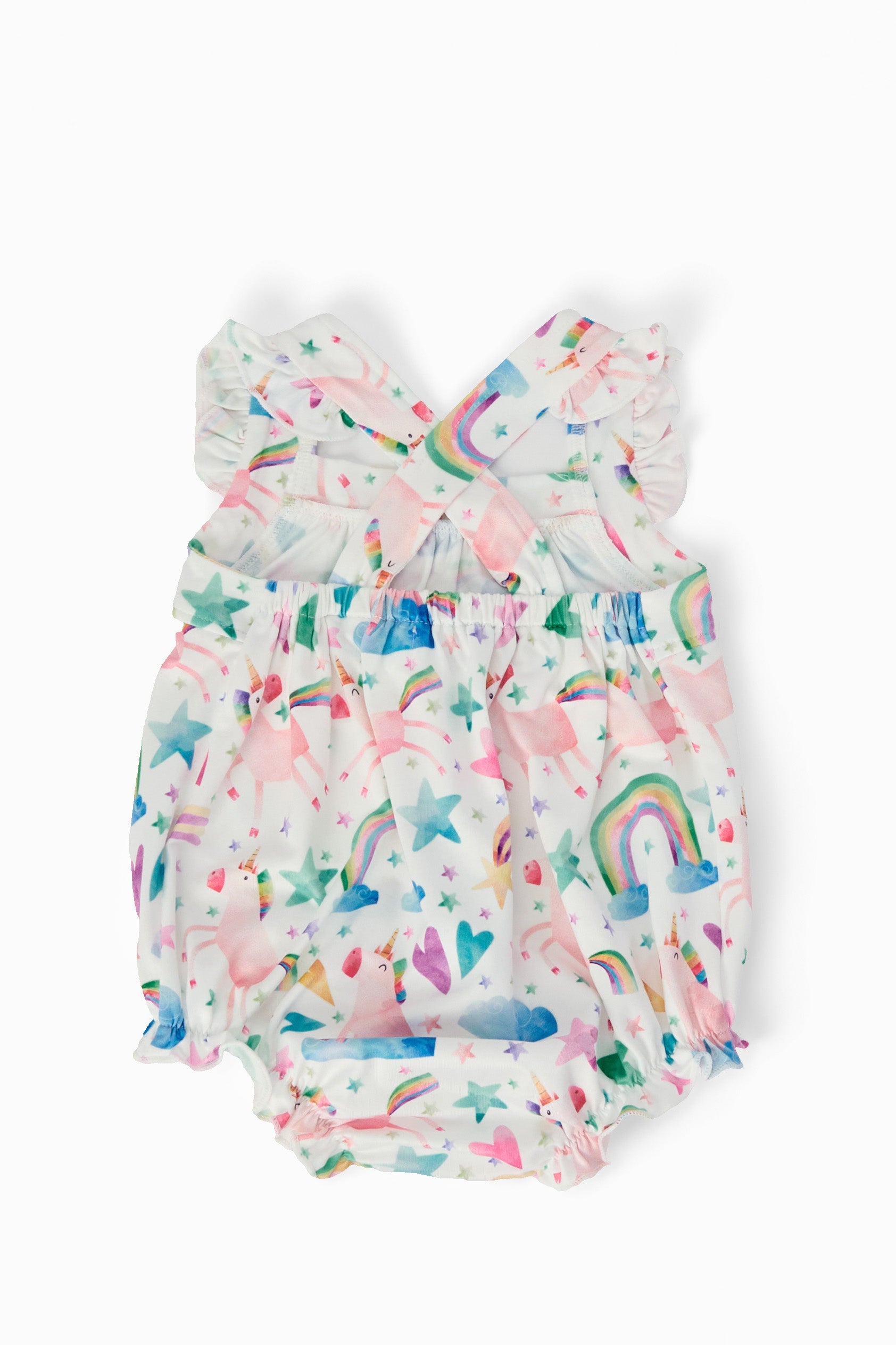 Unicorn Kisses Ruffle Cross Back Romper - Aaria Tees Aaria Tees