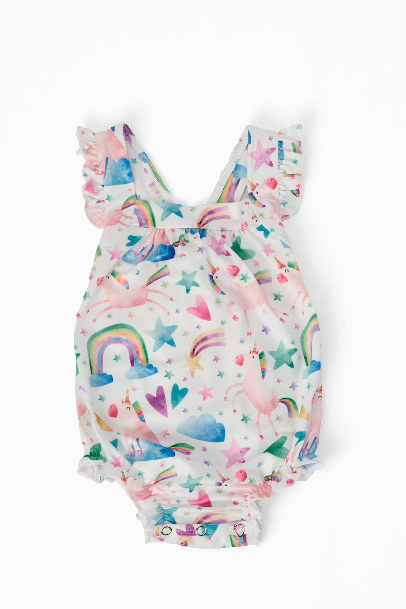 Unicorn Kisses Ruffle Cross Back Romper - Aaria Tees Aaria Tees