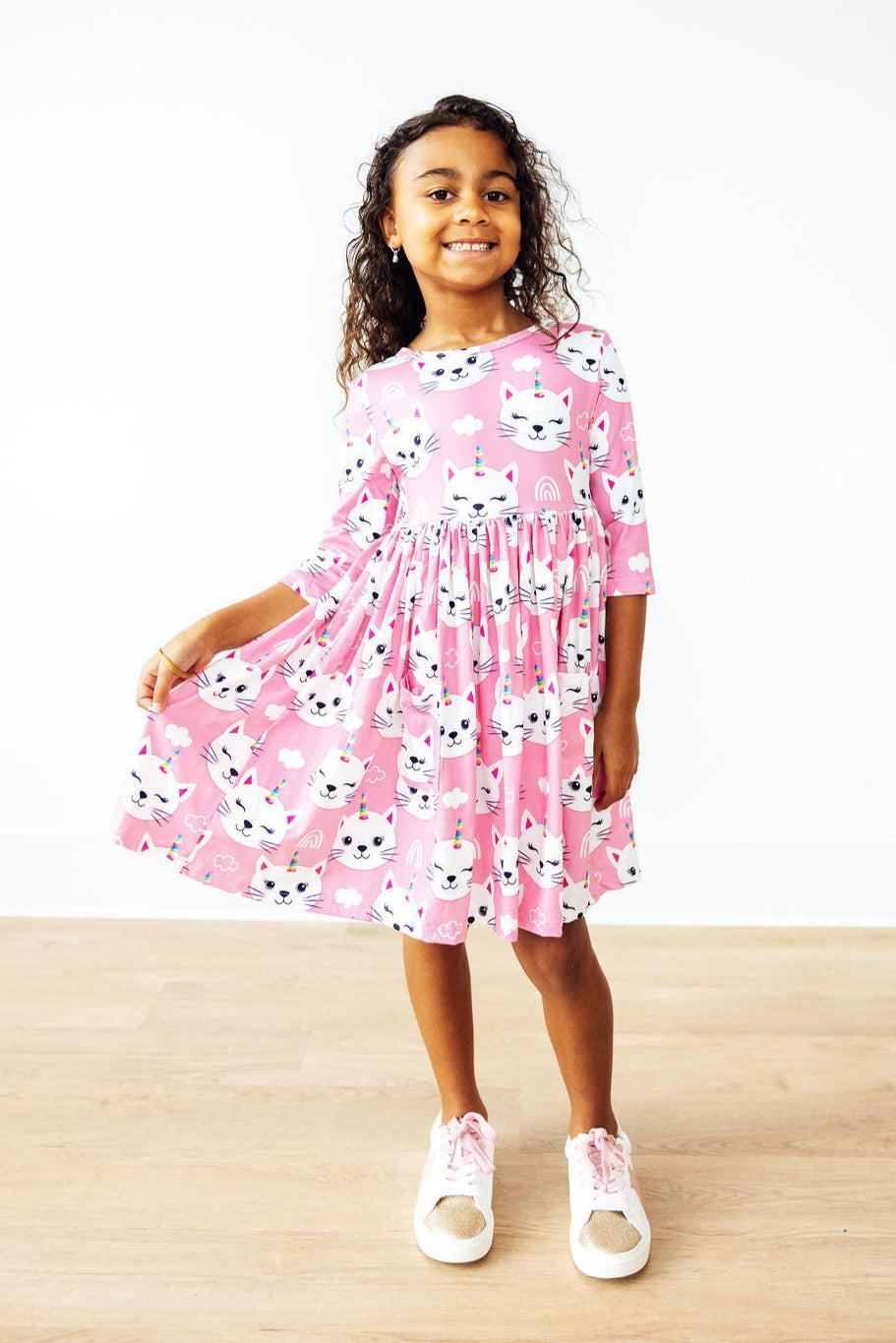 Unicorn Kitties 3/4 Sleeve Pocket Twirl Dress - Aaria Tees Aaria Tees