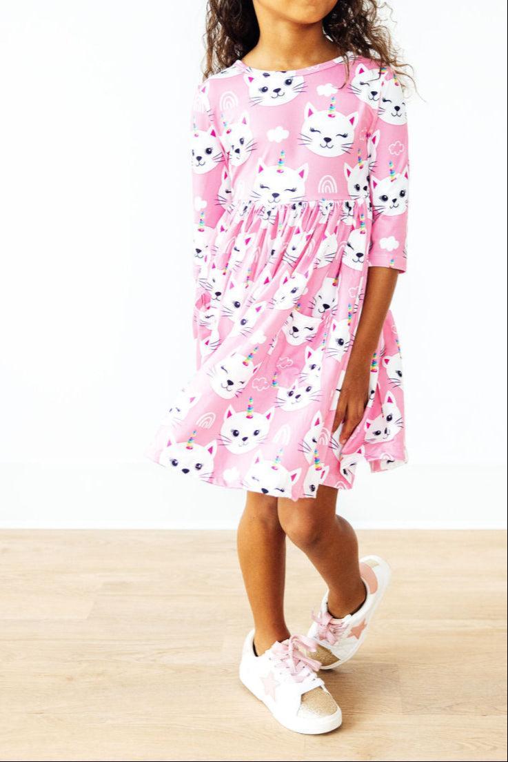 Unicorn Kitties 3/4 Sleeve Pocket Twirl Dress - Aaria Tees Aaria Tees