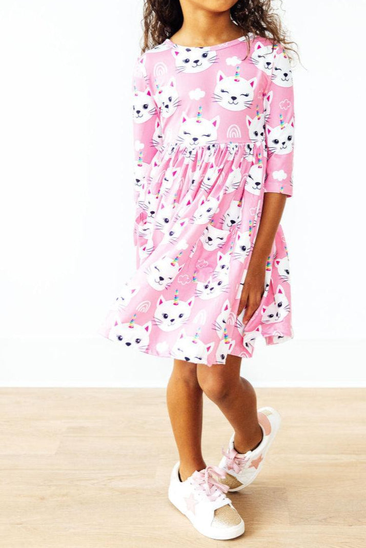 Unicorn Kitties 3/4 Sleeve Pocket Twirl Dress - Aaria Tees Aaria Tees