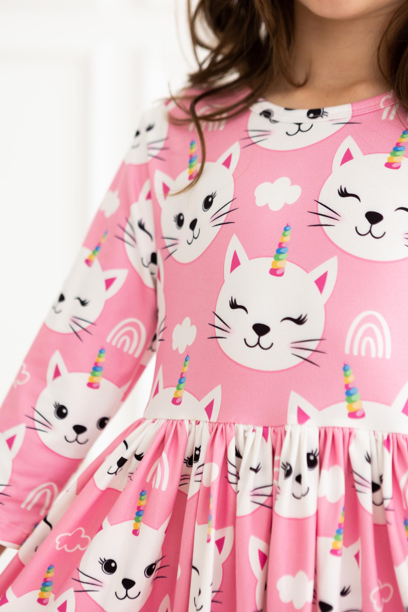 Unicorn Kitties 3/4 Sleeve Pocket Twirl Dress - Aaria Tees Aaria Tees