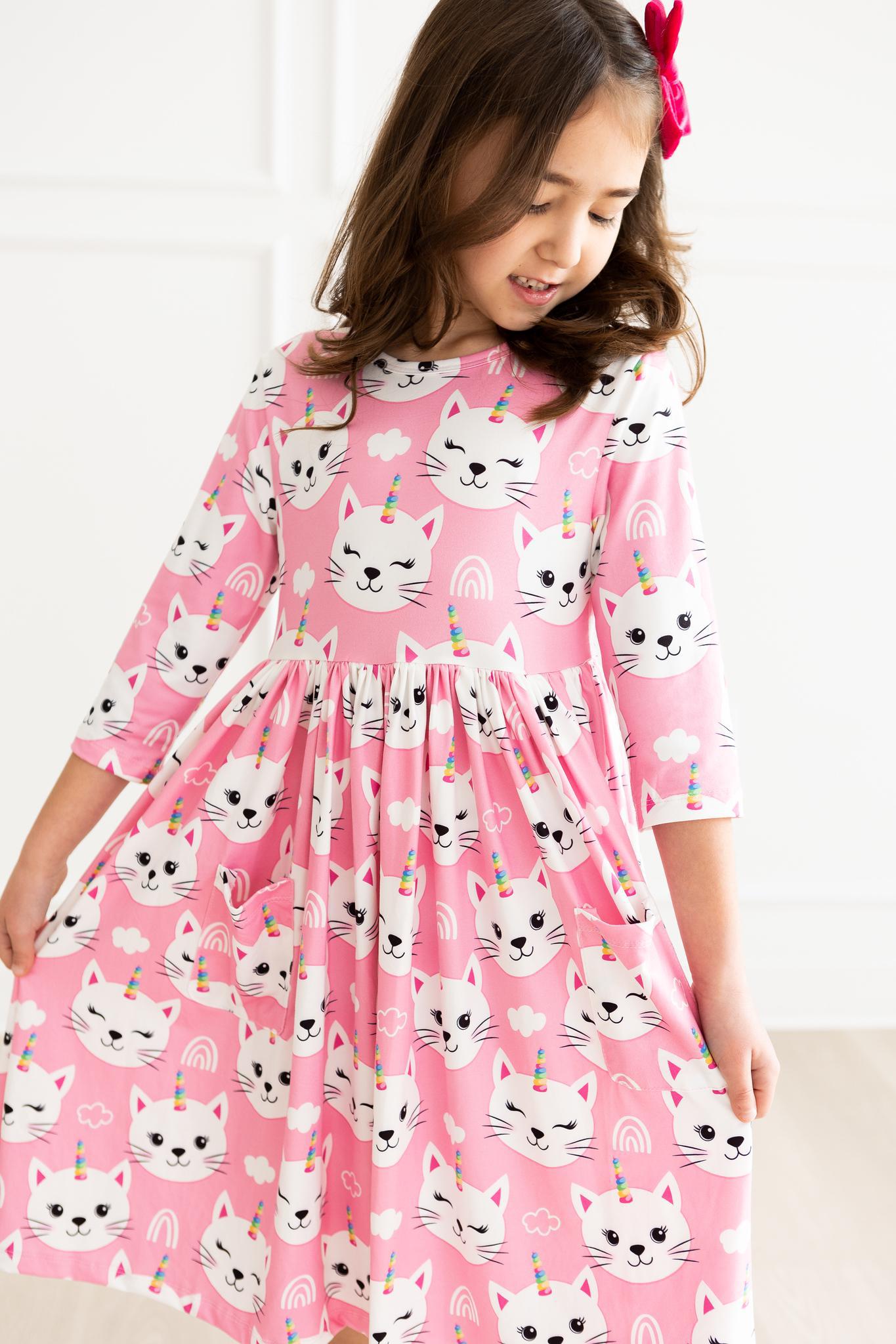 Unicorn Kitties 3/4 Sleeve Pocket Twirl Dress - Aaria Tees Aaria Tees