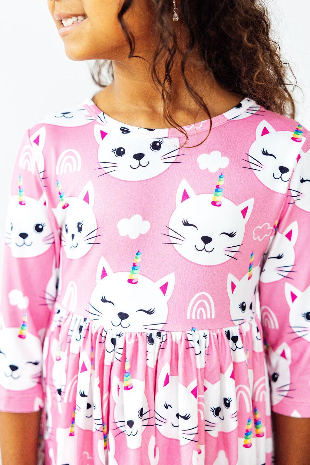 Unicorn Kitties 3/4 Sleeve Pocket Twirl Dress - Aaria Tees Aaria Tees