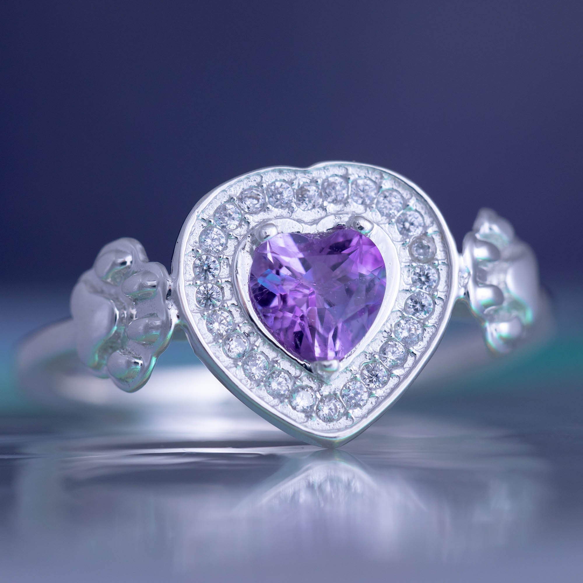 Sterling Silver & Amethyst Paw Print Heart Ring - Aaria Tees Aaria Tees